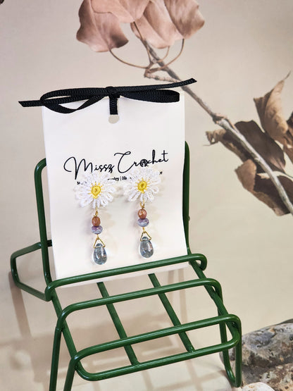 Handcrafted micro-crochet daisies with vintage Czech glass beads. Paired with 18K gold-plated findings & studs.