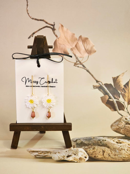 Handcrafted micro-crochet daisies tassel earrings paired with vintage Czech beads. 18K gold-plated tassel hooks. 