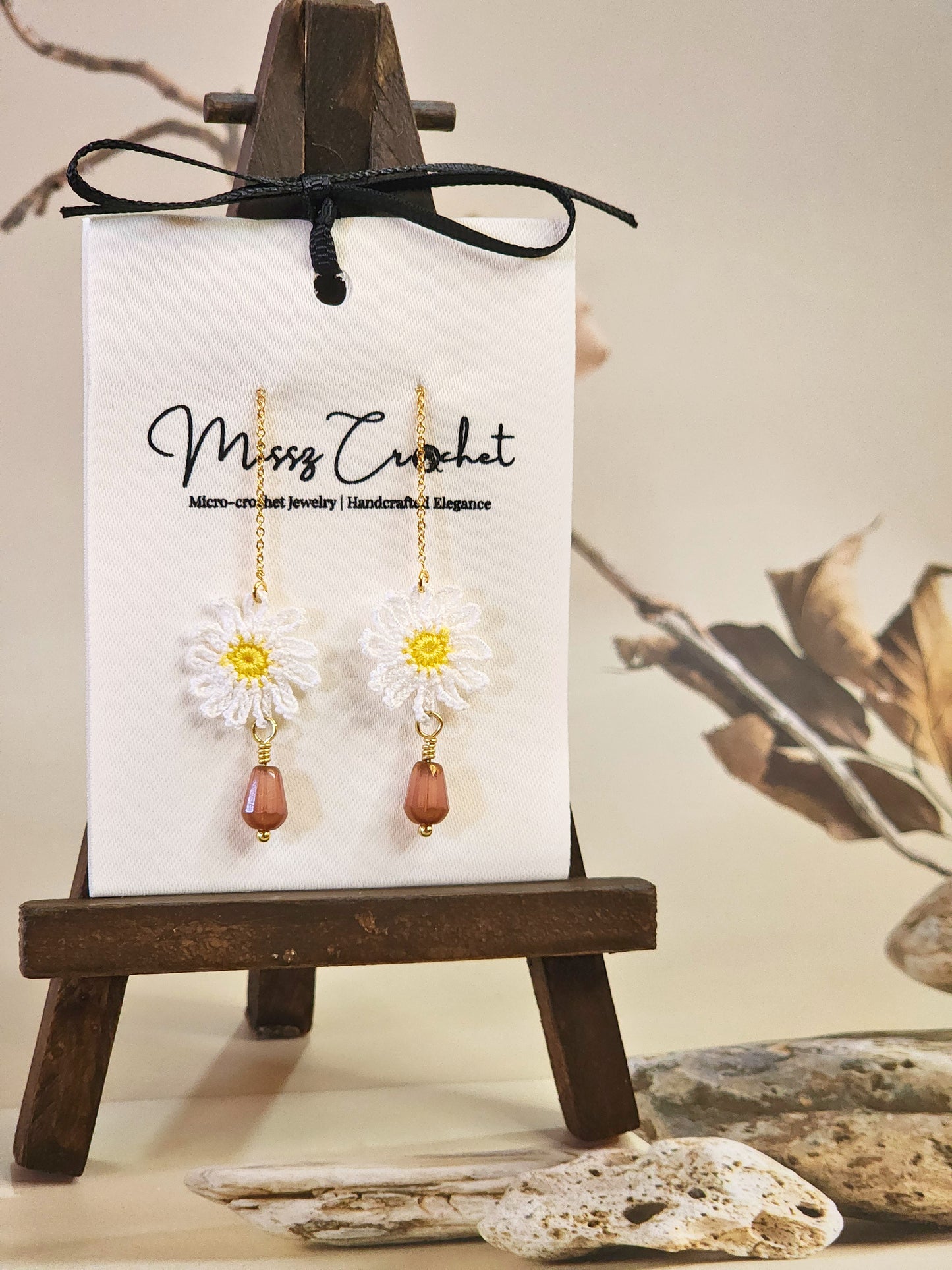 Handcrafted micro-crochet daisies tassel earrings paired with vintage Czech beads. 18K gold-plated tassel hooks. 