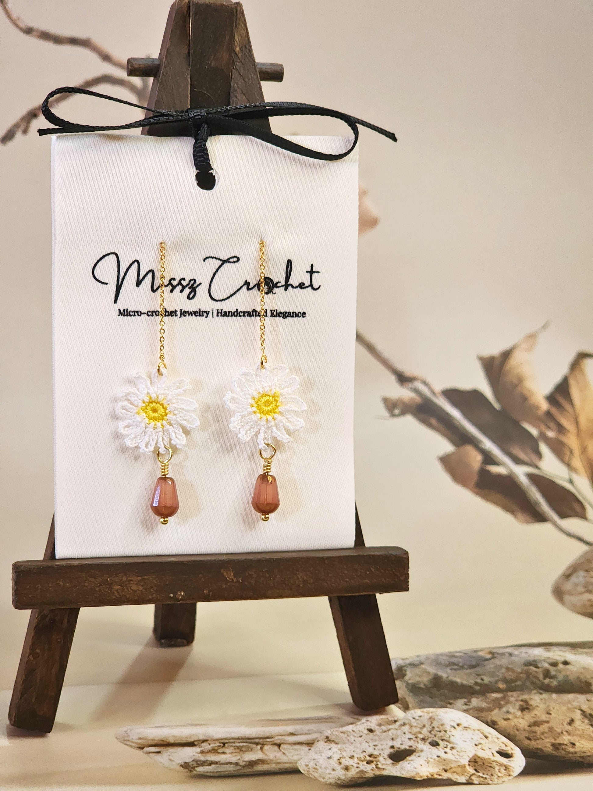 Handcrafted micro-crochet daisies tassel earrings paired with vintage Czech beads. 18K gold-plated tassel hooks. 