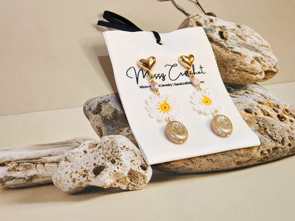 Handcrafted micro-crochet daisies accented with vintage Czech crystals and glass beads on 18K gold-plated hooks