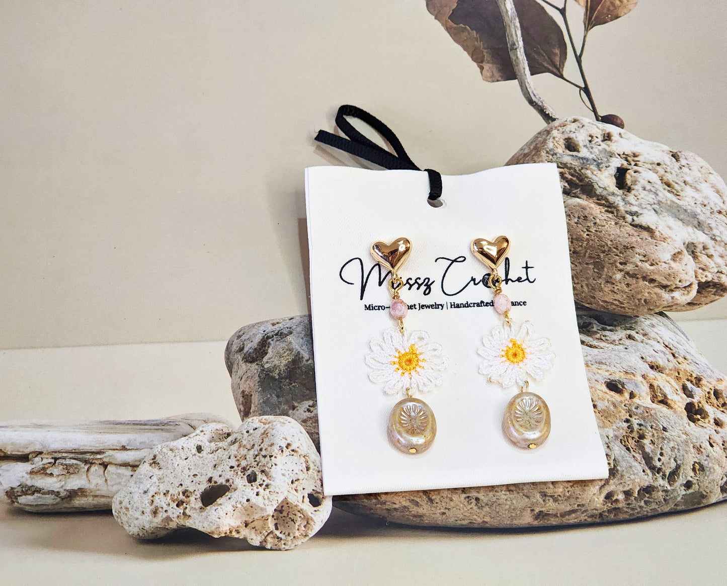 Handcrafted micro-crochet daisies accented with vintage Czech crystals and glass beads on 18K gold-plated hooks