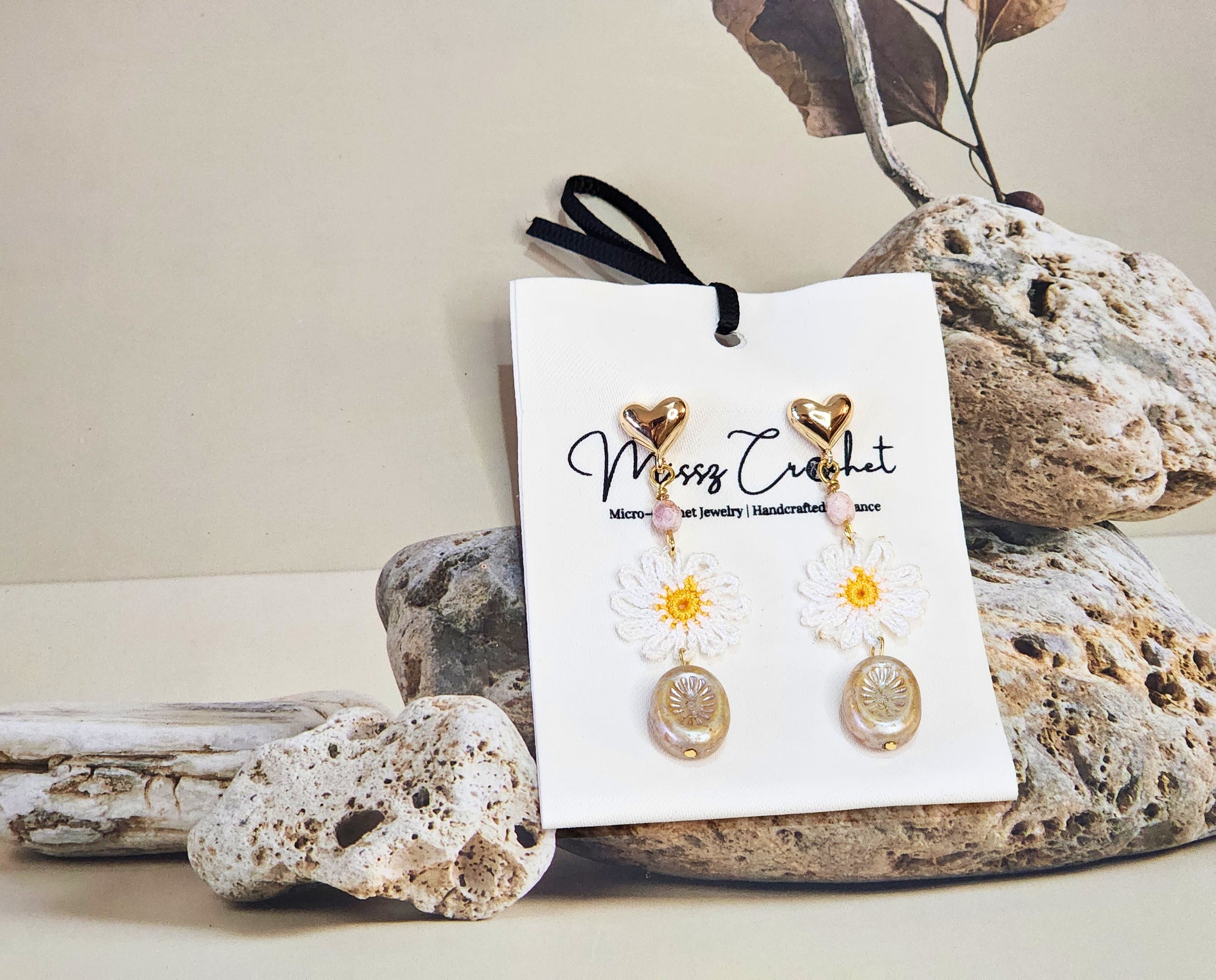 Handcrafted micro-crochet daisies accented with vintage Czech crystals and glass beads on 18K gold-plated hooks
