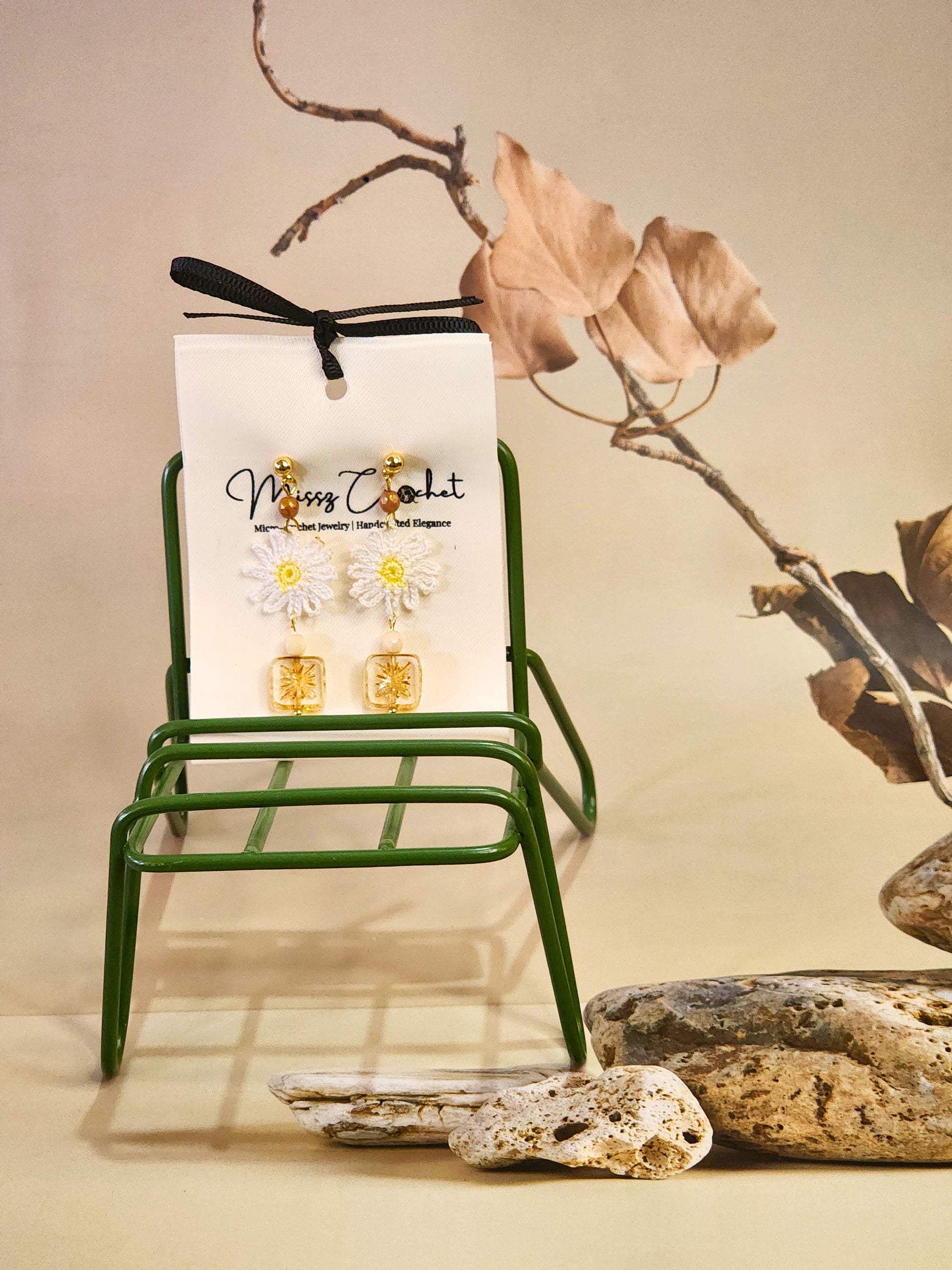 Handcrafted micro-crochet daisies paired with vintage Czech beads & crystals styled with 18K gold-plated findings & hooks