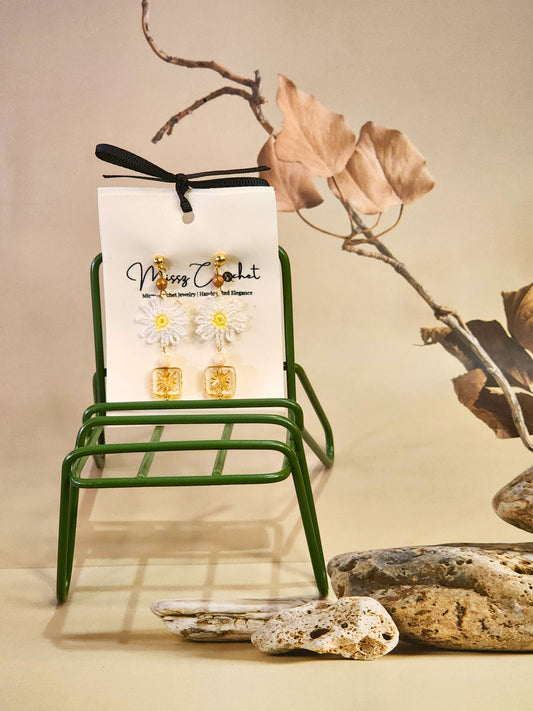 Handcrafted micro-crochet daisies paired with vintage Czech beads & crystals styled with 18K gold-plated findings & hooks