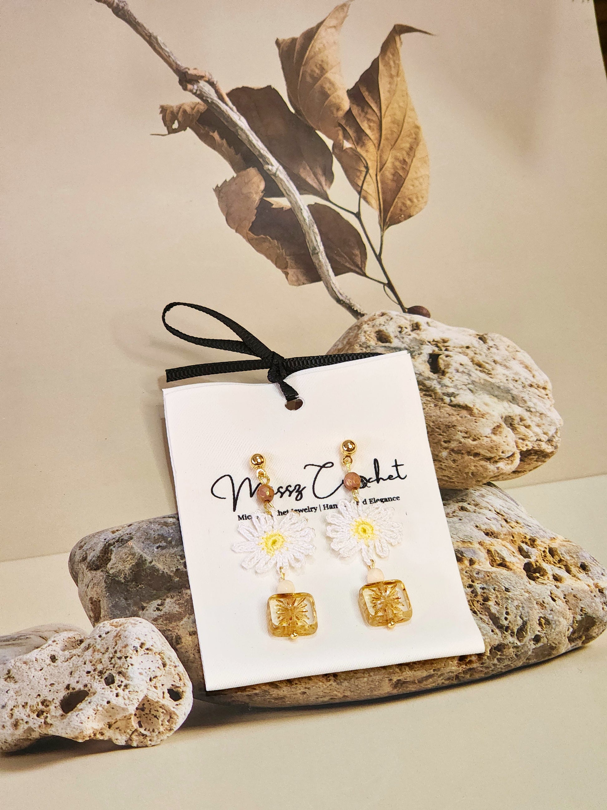 Handcrafted micro-crochet daisies paired with vintage Czech beads & crystals styled with 18K gold-plated findings & hooks