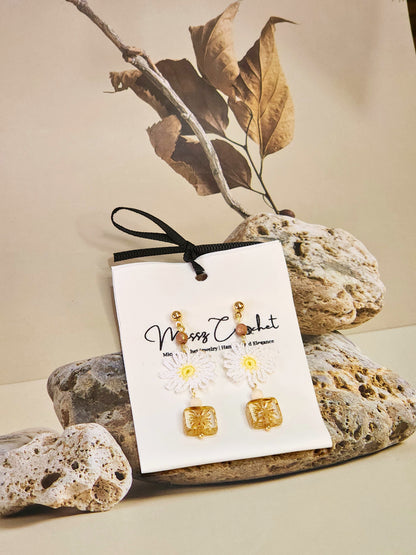 Handcrafted micro-crochet daisies paired with vintage Czech beads & crystals styled with 18K gold-plated findings & hooks