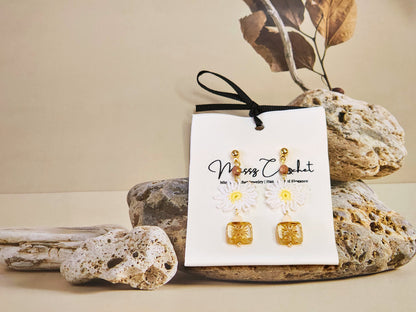 Handcrafted micro-crochet daisies paired with vintage Czech beads & crystals styled with 18K gold-plated findings & hooks