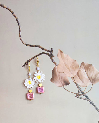 Handcrafted micro-crochet daisies earrings accented with vintage Czech glass beads and crystals. Styled with 18K gold-plated findings & hooks.