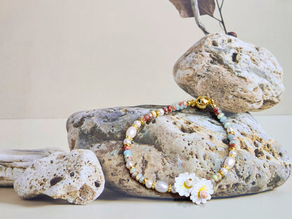 Handcrafted Jasper beaded bracelet with Baroque pearls & gold-plated spacer beads and 18K gold-plated magnetic clasp.