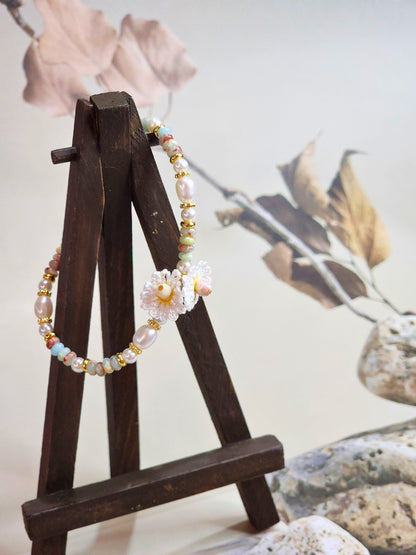 Handcrafted Jasper beaded bracelet with Baroque pearls & gold-plated spacer beads and 18K gold-plated magnetic clasp.