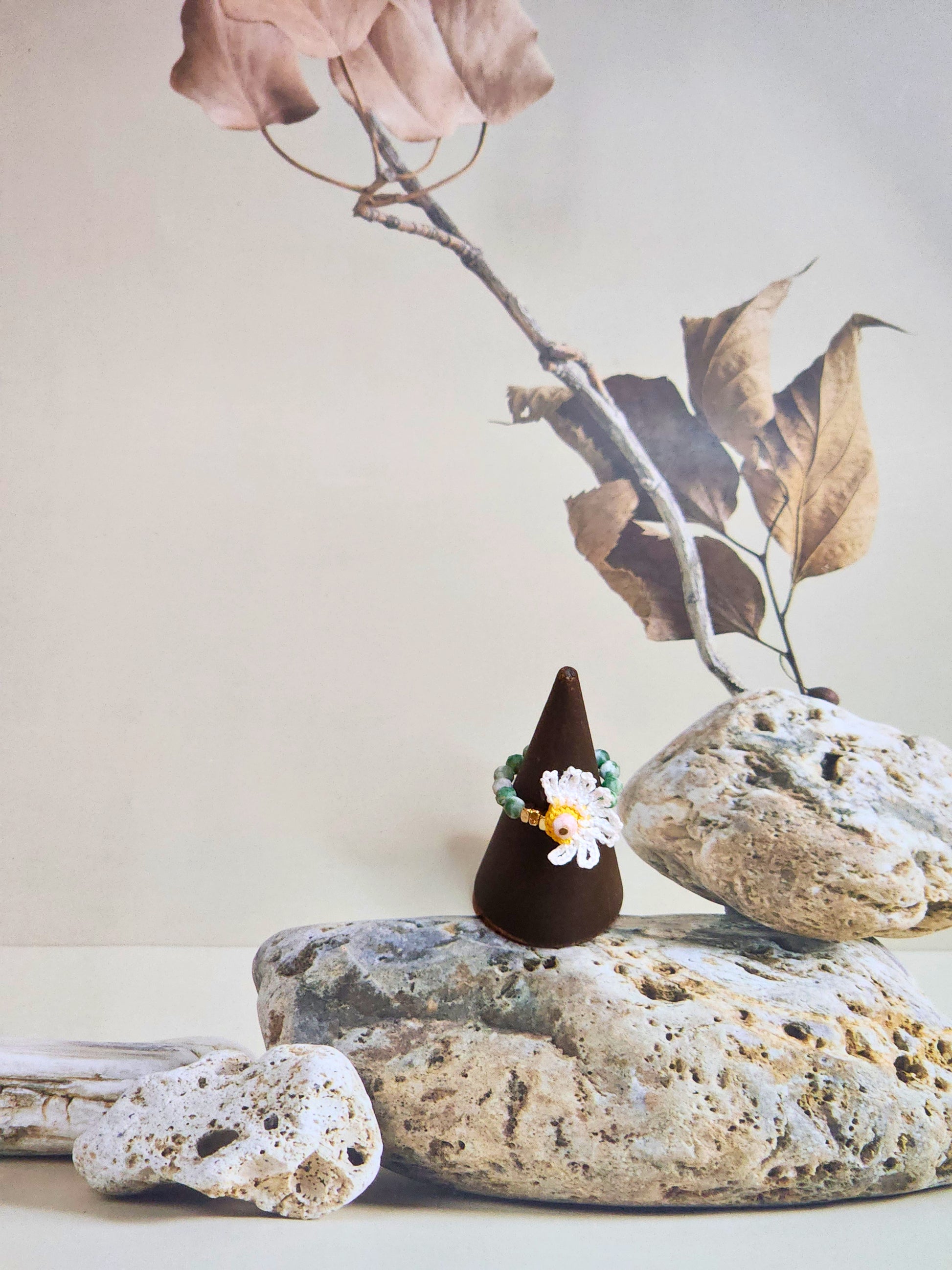 African Jade beaded ring with 18K gold-plated spacer beads and handcrafted micro-crochet daisy. 
