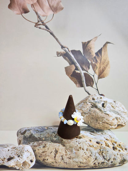 Jasper Beaded Ring with Pearls & Micro-crochet Daisy - Light Luxury