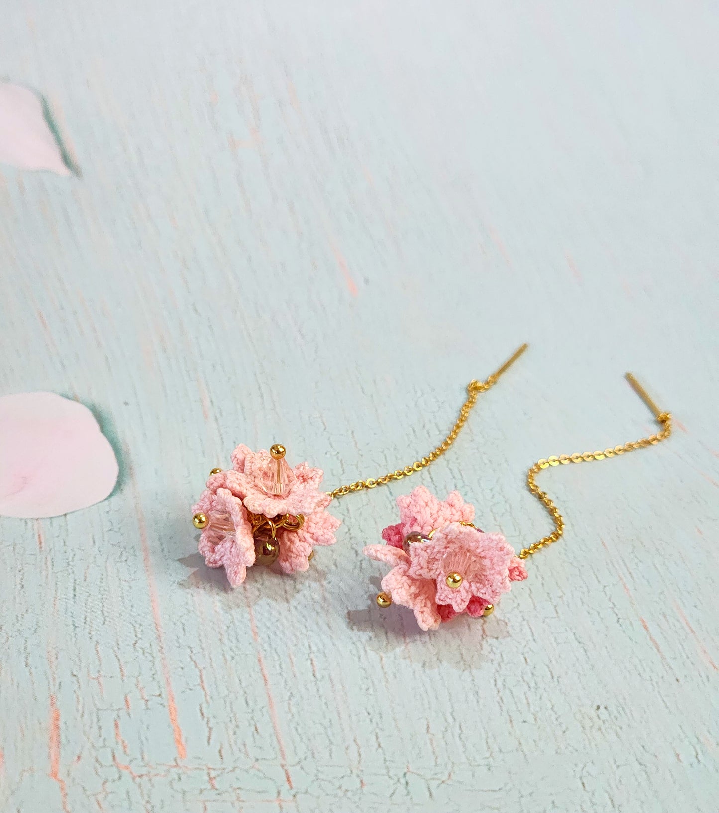 Sakura micro-crochet tassel earrings adorned with premium Czech crystals