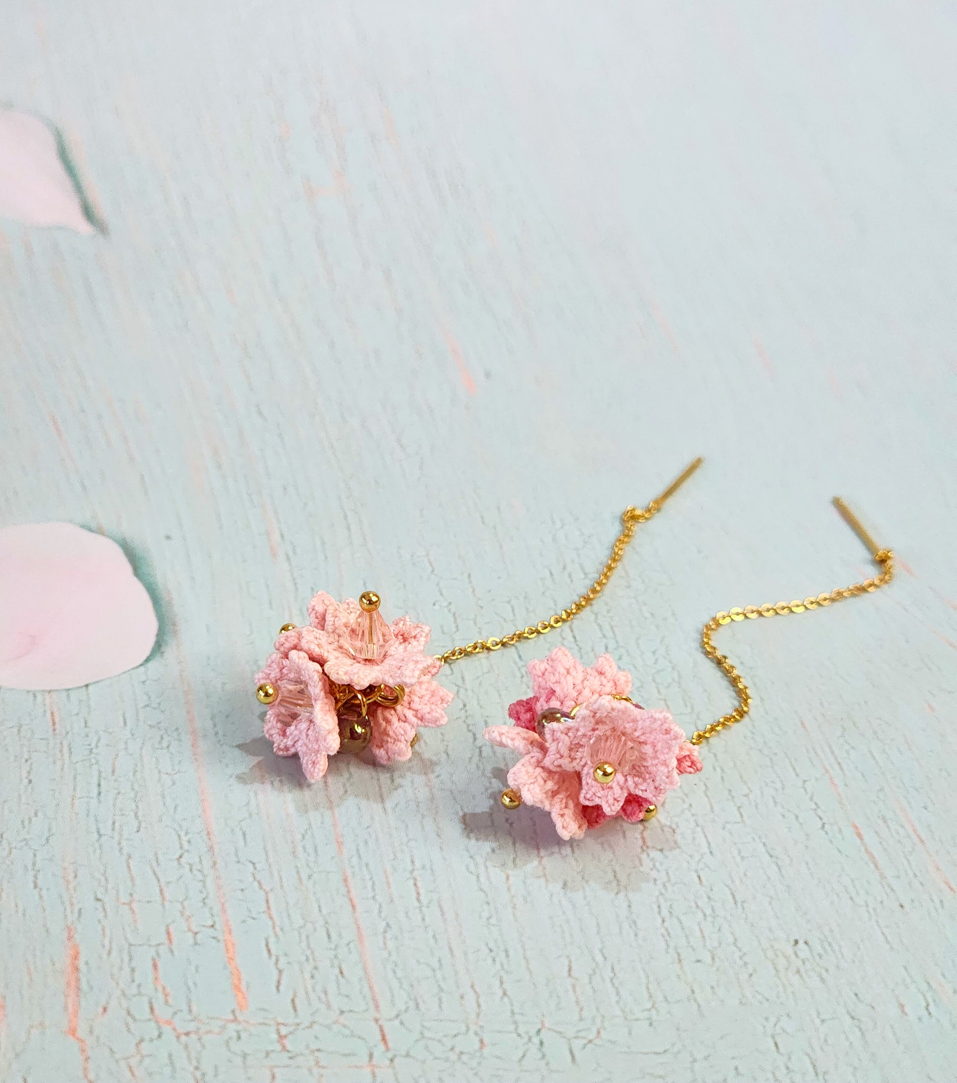 Sakura micro-crochet tassel earrings adorned with premium Czech crystals