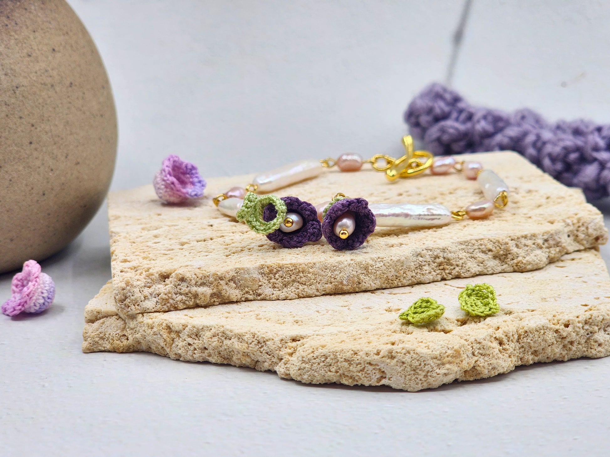 Handcrafted micro crochet Lily of the Valley blooms bracelet with beautifully satin-like >15mm white Pipa pearls and 4-5mm freshwater baroque pearls.