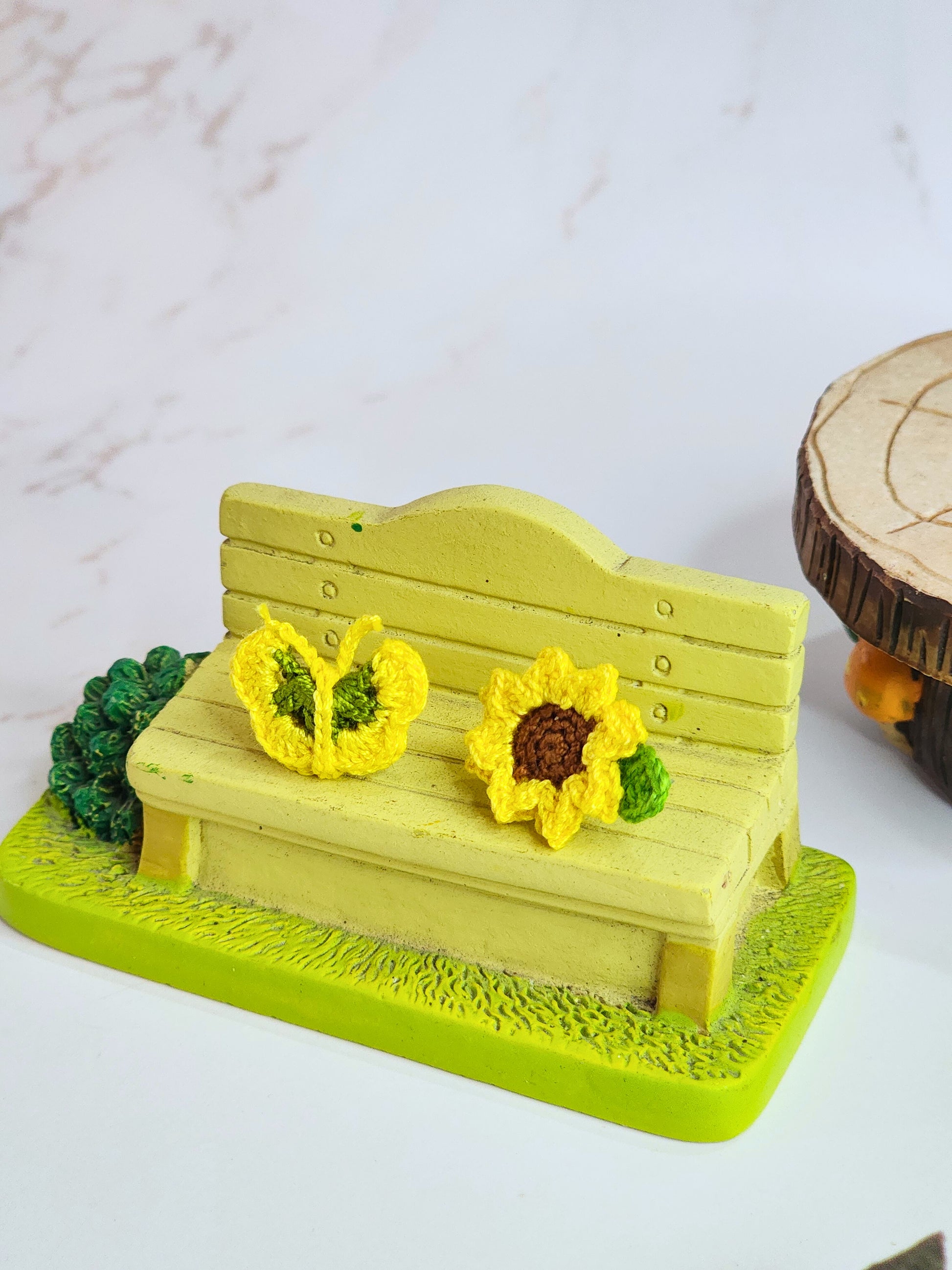 Handcrafted micro-crochet butterfly & sunflower stud earrings. 18K gold-plated studs.