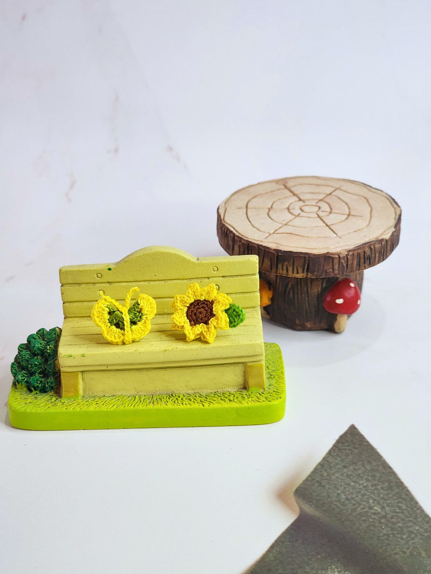 Handcrafted micro-crochet butterfly & sunflower stud earrings. 18K gold-plated studs.