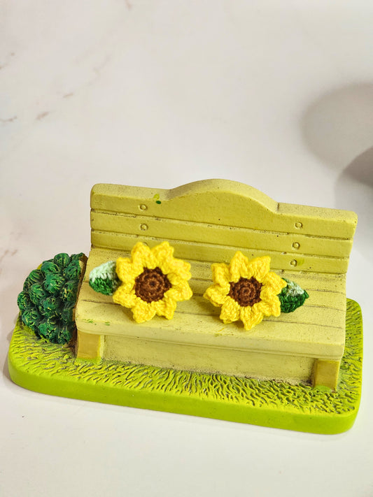 Handcrafted micro‑crochet Sunflower with Ombre Leaves earrings. Vibrant yellow matched with ombre green leaves. 18K gold-plated studs.
