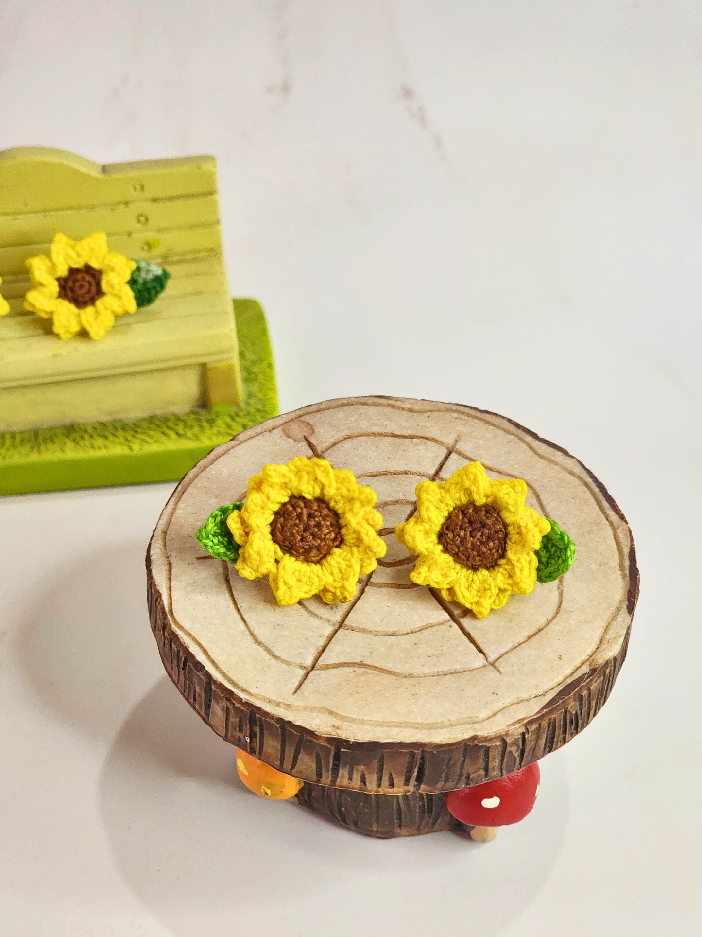 Handcrafted micro-crochet sunflower stud earrings. 18K gold-plated ear studs. 