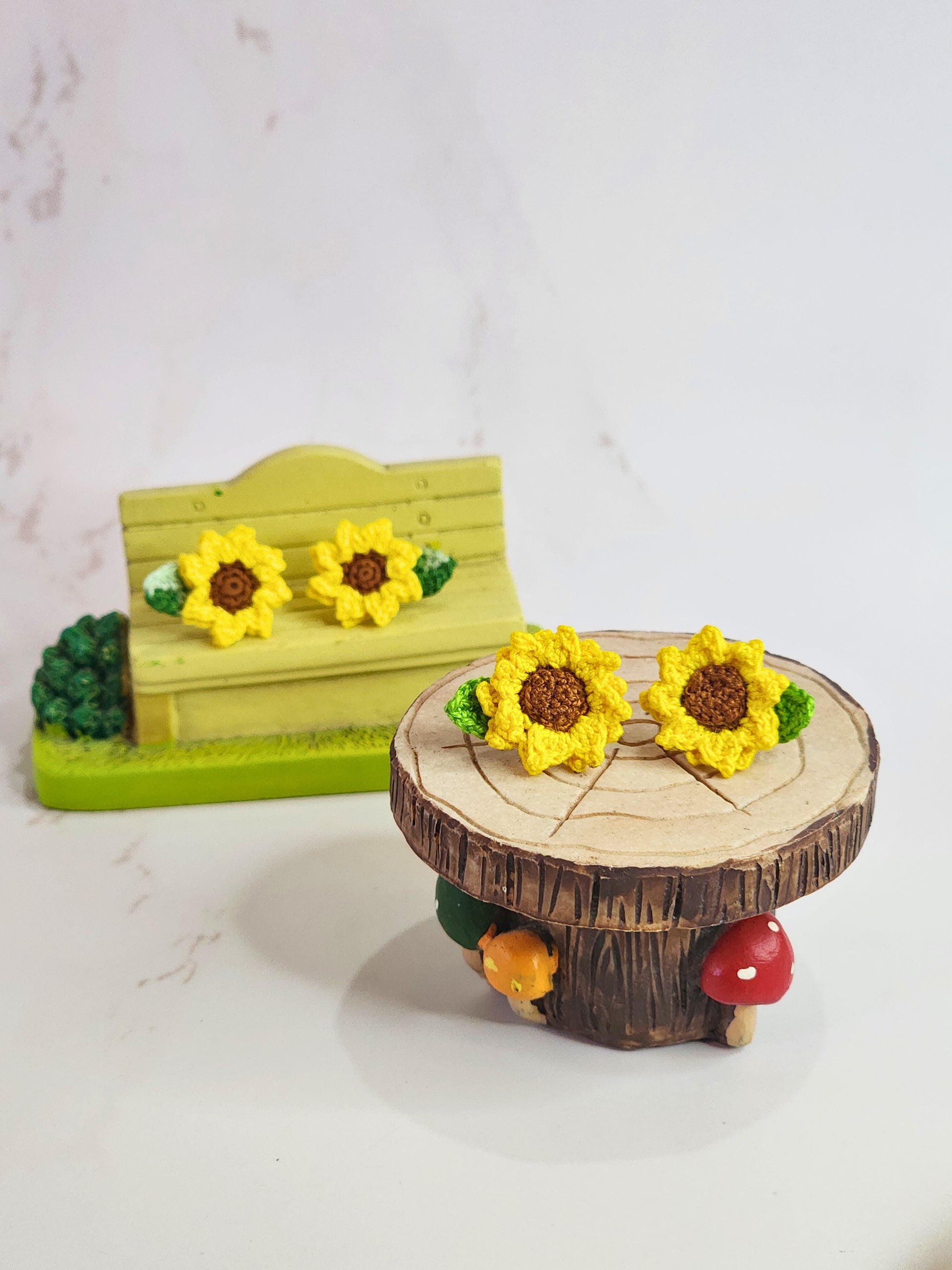 Handcrafted micro-crochet sunflower stud earrings. 18K gold-plated ear studs. 
