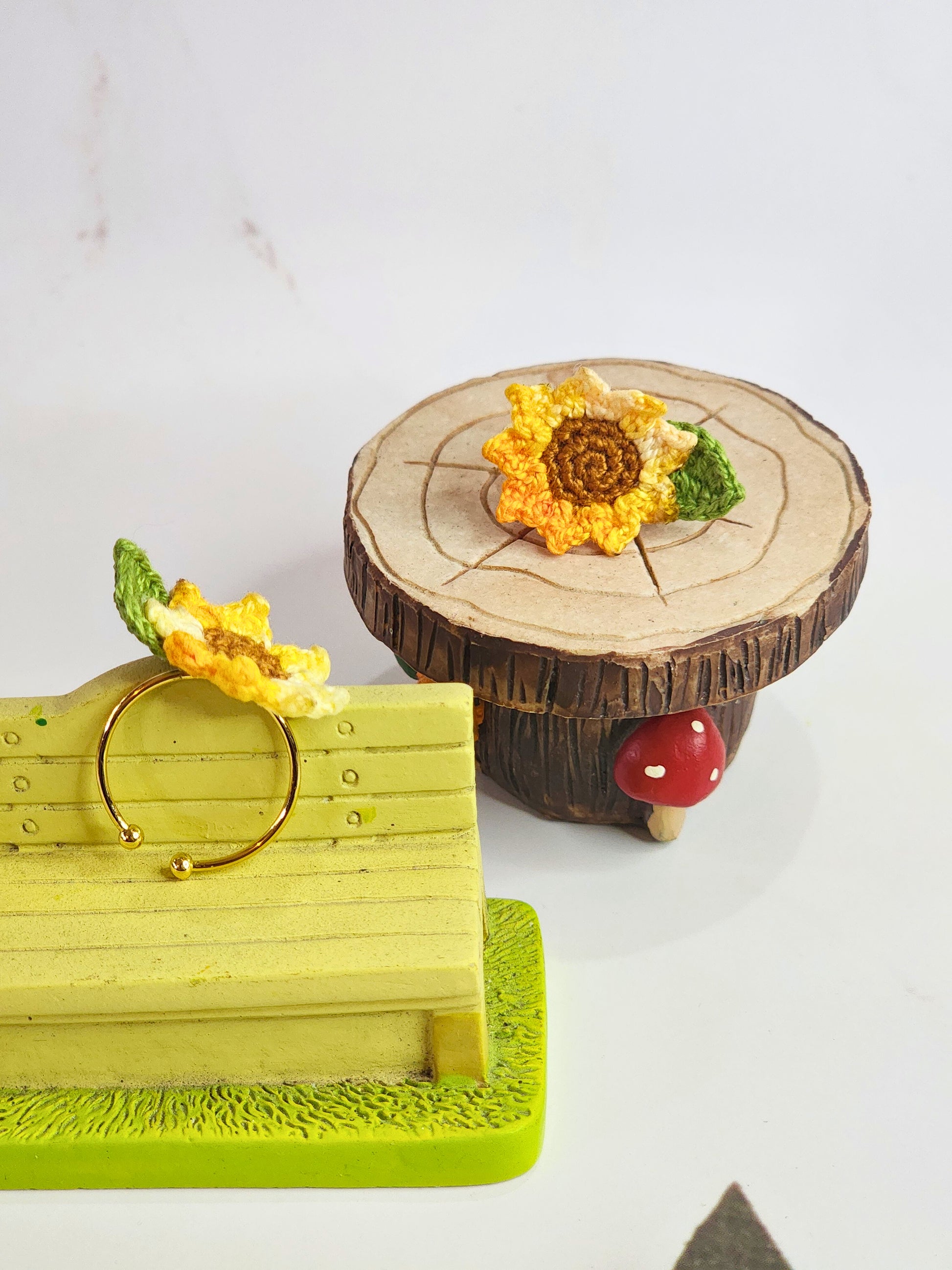 Handcrafted micro-crochet sunflower ring, on 18K gold-plated adjustable band