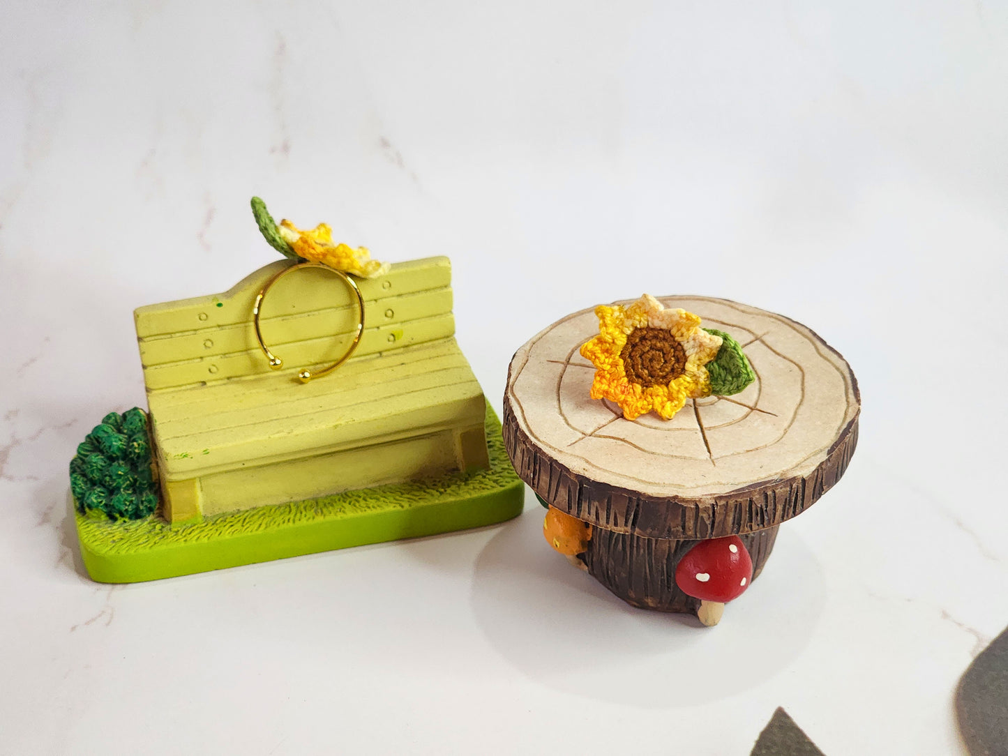 Handcrafted micro-crochet sunflower ring, on 18K gold-plated adjustable band