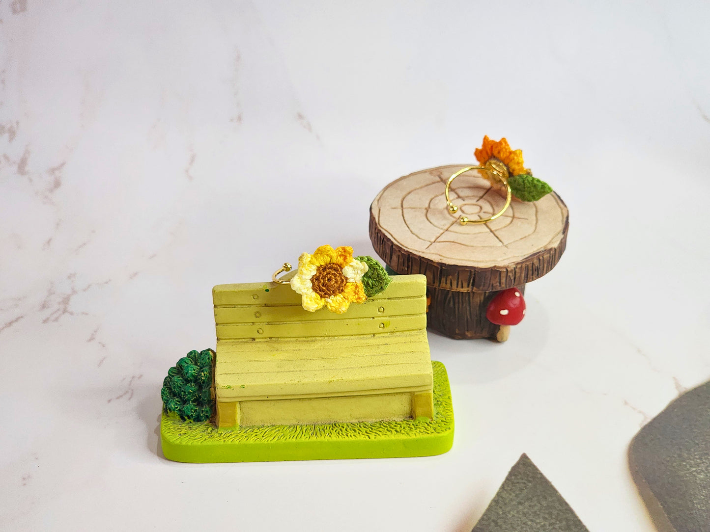 Handcrafted micro-crochet yellow sunflower ring. 18K gold-plated adjustable band. 