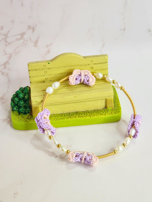 Micro-crochet Pink-Purple Butterflies with Pearls Bangle