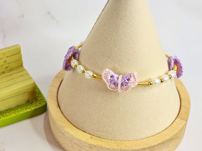 Micro-crochet Pink-Purple Butterflies with Pearls Bangle