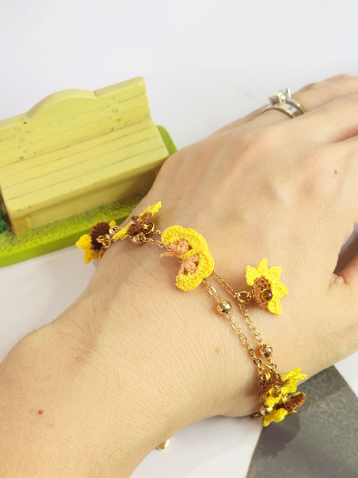 Micro-crochet Sunflowers & Butterfly Double Bracelet