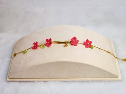 916 gold bamboo bracelet with handcrafted pink micro-crochet peach blossoms