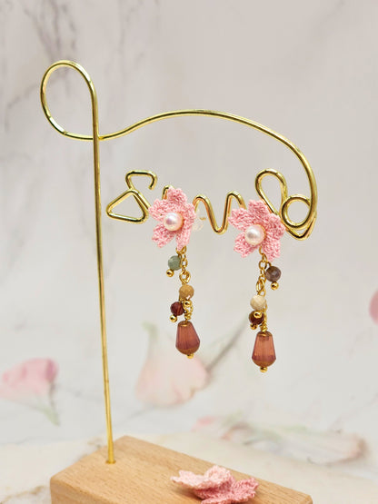 Micro crochet Sakura, lustrous 4.5–5mm freshwater Akoya pearls. A chandelier of natural Alashan stones and Czech crystals. Multi-wear -one pair, four looks. Look 1.