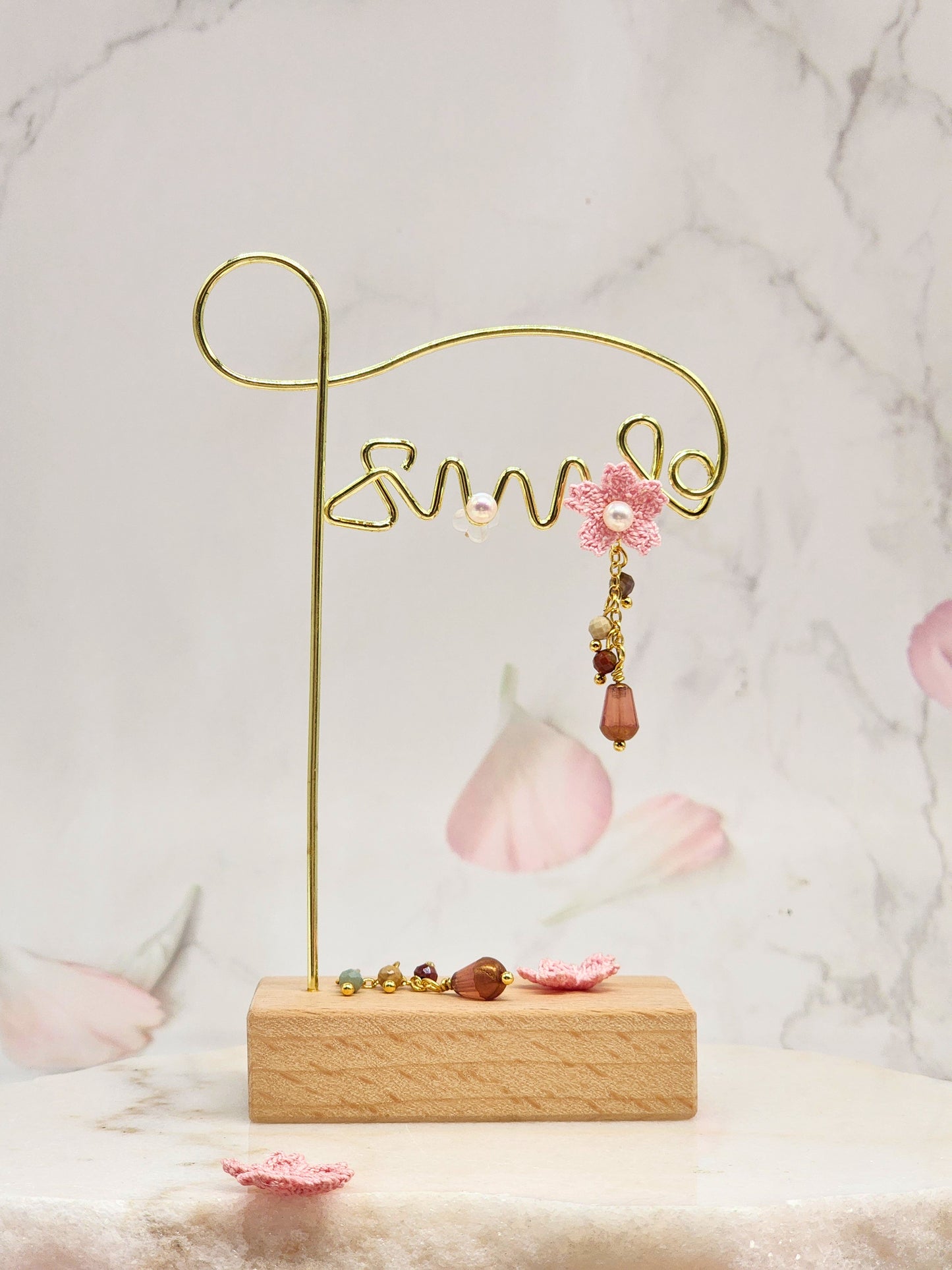 Micro crochet Sakura, lustrous 4.5–5mm freshwater Akoya pearls. A chandelier of natural Alashan stones and Czech crystals. Multi-wear -one pair, four looks. Look 2 - pearl studs.