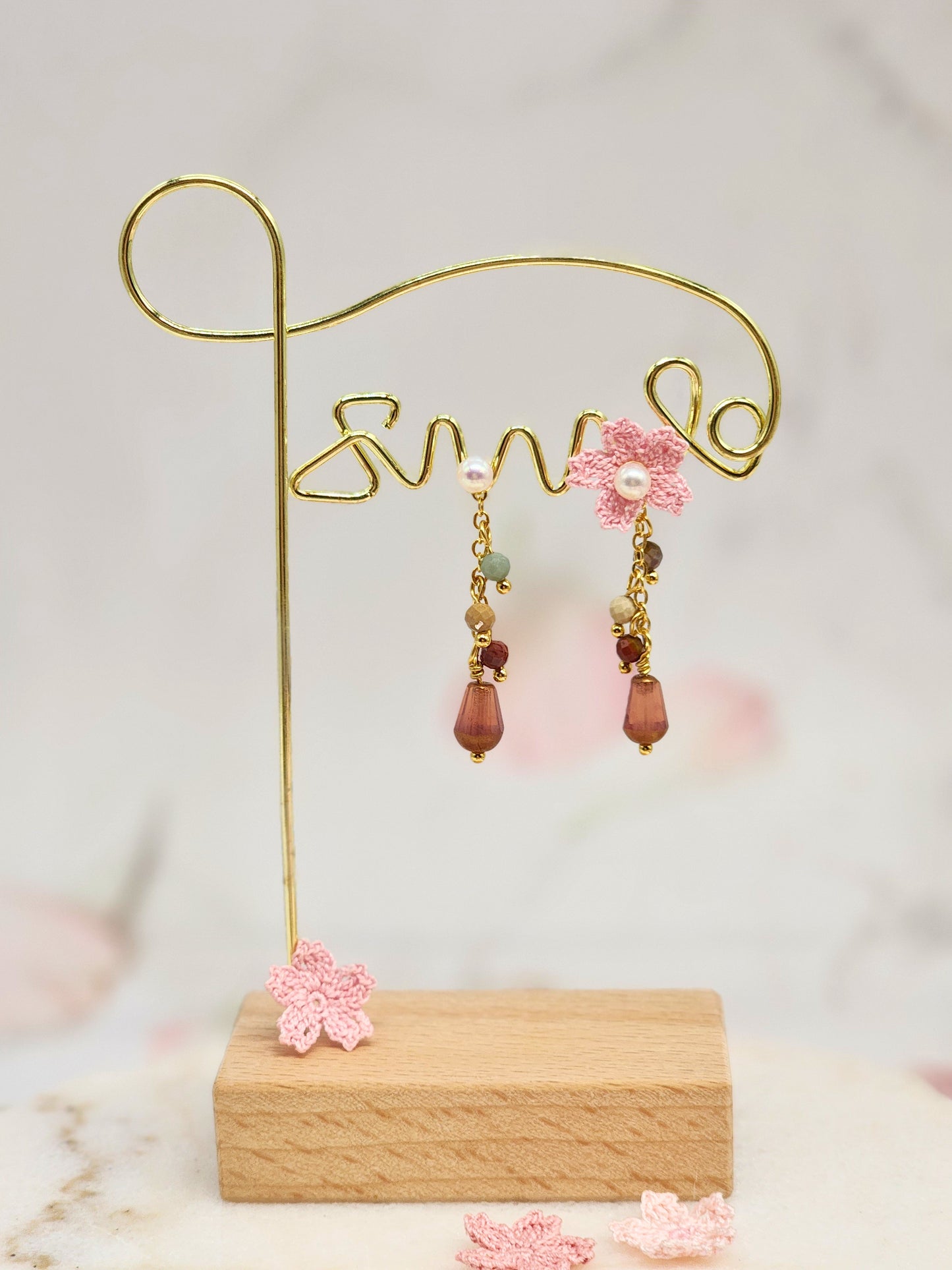 Micro crochet Sakura, lustrous 4.5–5mm freshwater Akoya pearls. A chandelier of natural Alashan stones and Czech crystals. Multi-wear -one pair, four looks. Look 3 - pearl & chandelier drop. 