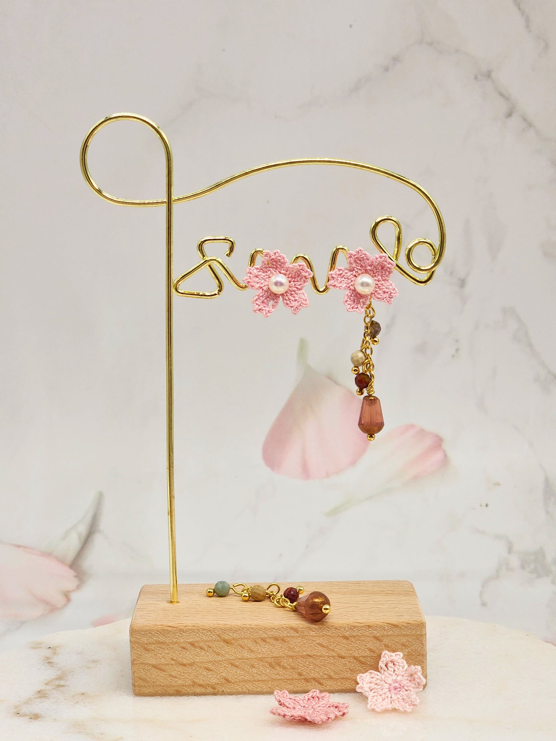 Micro crochet Sakura, lustrous 4.5–5mm freshwater Akoya pearls. A chandelier of natural Alashan stones and Czech crystals. Multi-wear -one pair, four looks. Look 4 - pearl with Sakura blossom. 