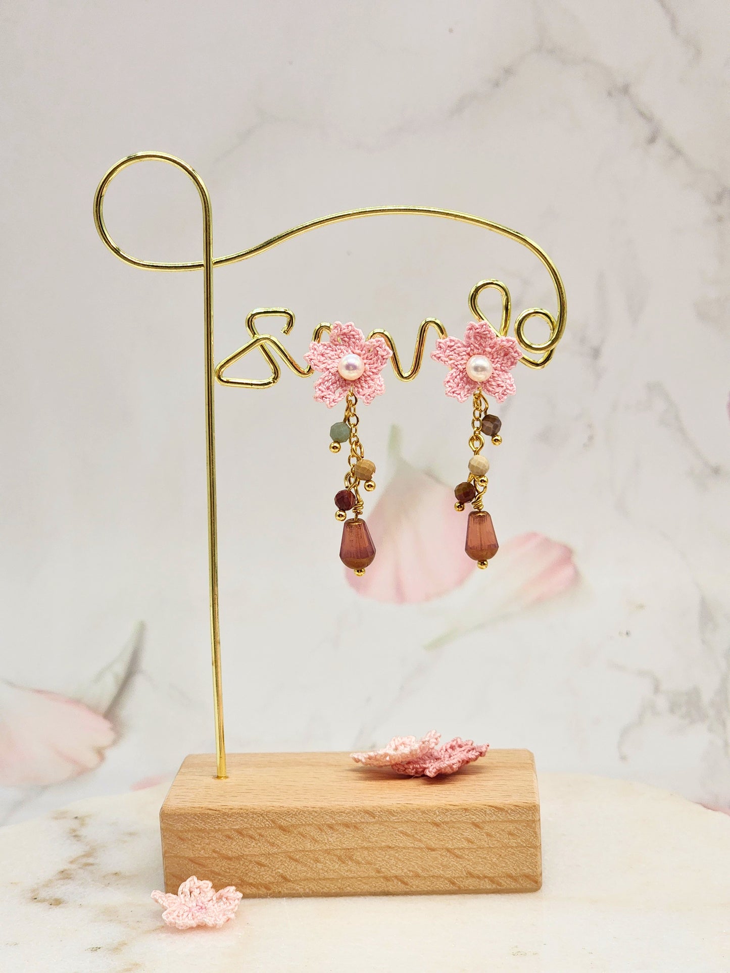 Micro crochet Sakura, lustrous 4.5–5mm freshwater Akoya pearls. A chandelier of natural Alashan stones and Czech crystals. Multi-wear -one pair, four looks. Look 1.