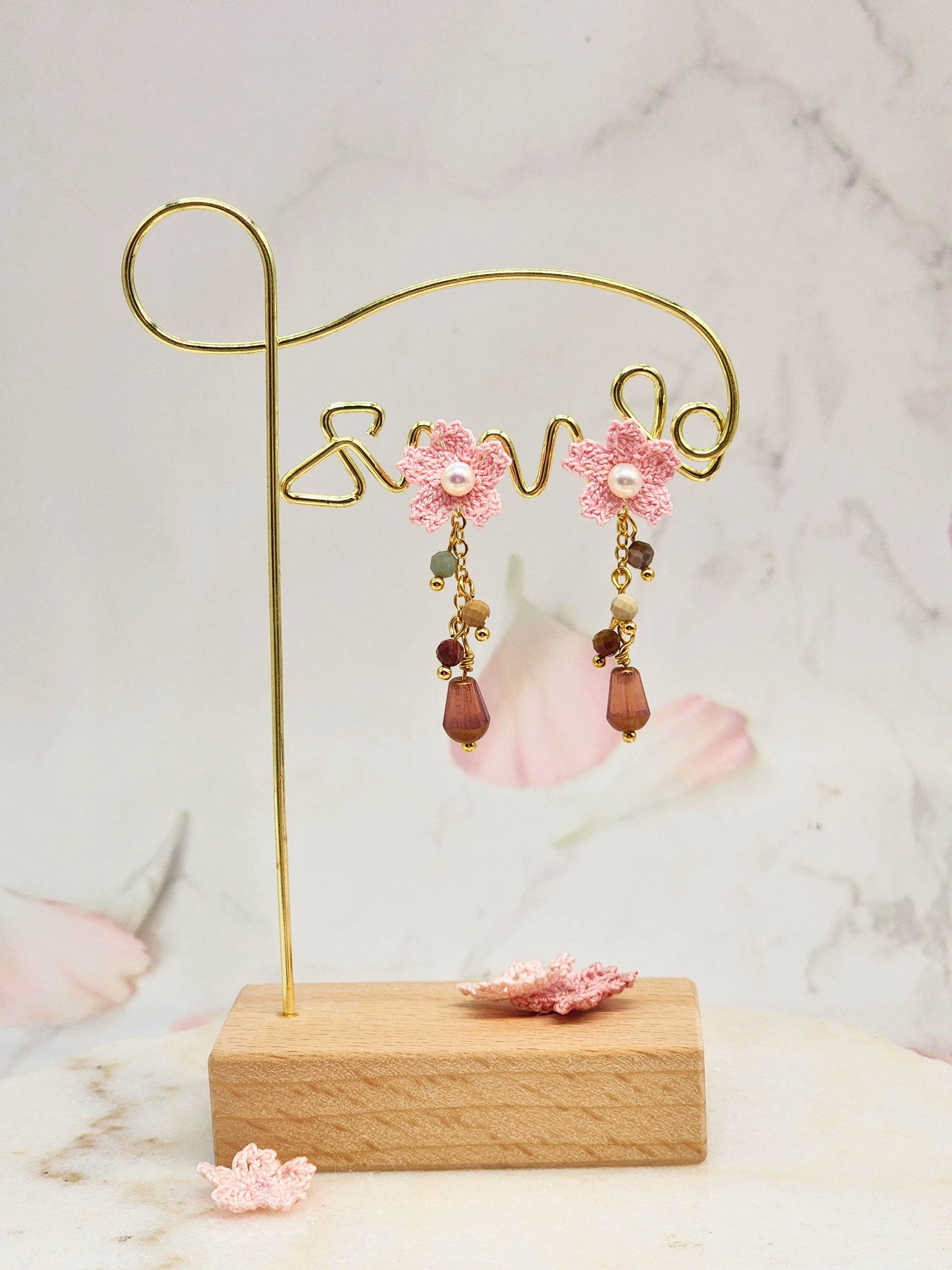 Micro crochet Sakura, lustrous 4.5–5mm freshwater Akoya pearls. A chandelier of natural Alashan stones and Czech crystals. Multi-wear -one pair, four looks. Look 1.