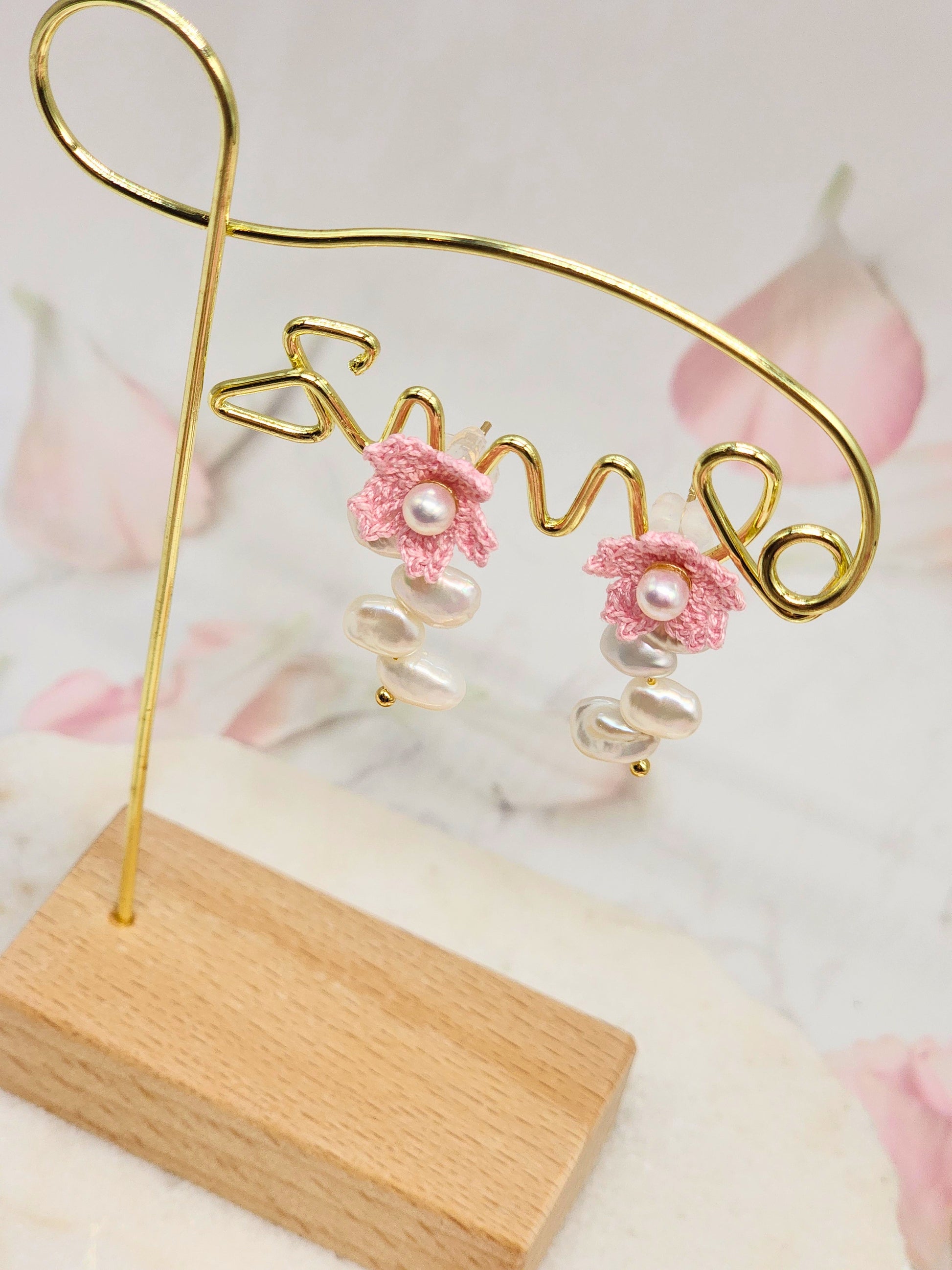 Micro crochet Sakura blossoms crowned with lustrous Akoya and Keshi pearls. Multi-wear earrings-one pair, four looks. Look 1.