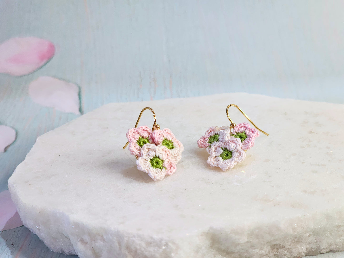 Handcrafted micro-crochet apple blossoms earrings on 18K gold-plated hooks.