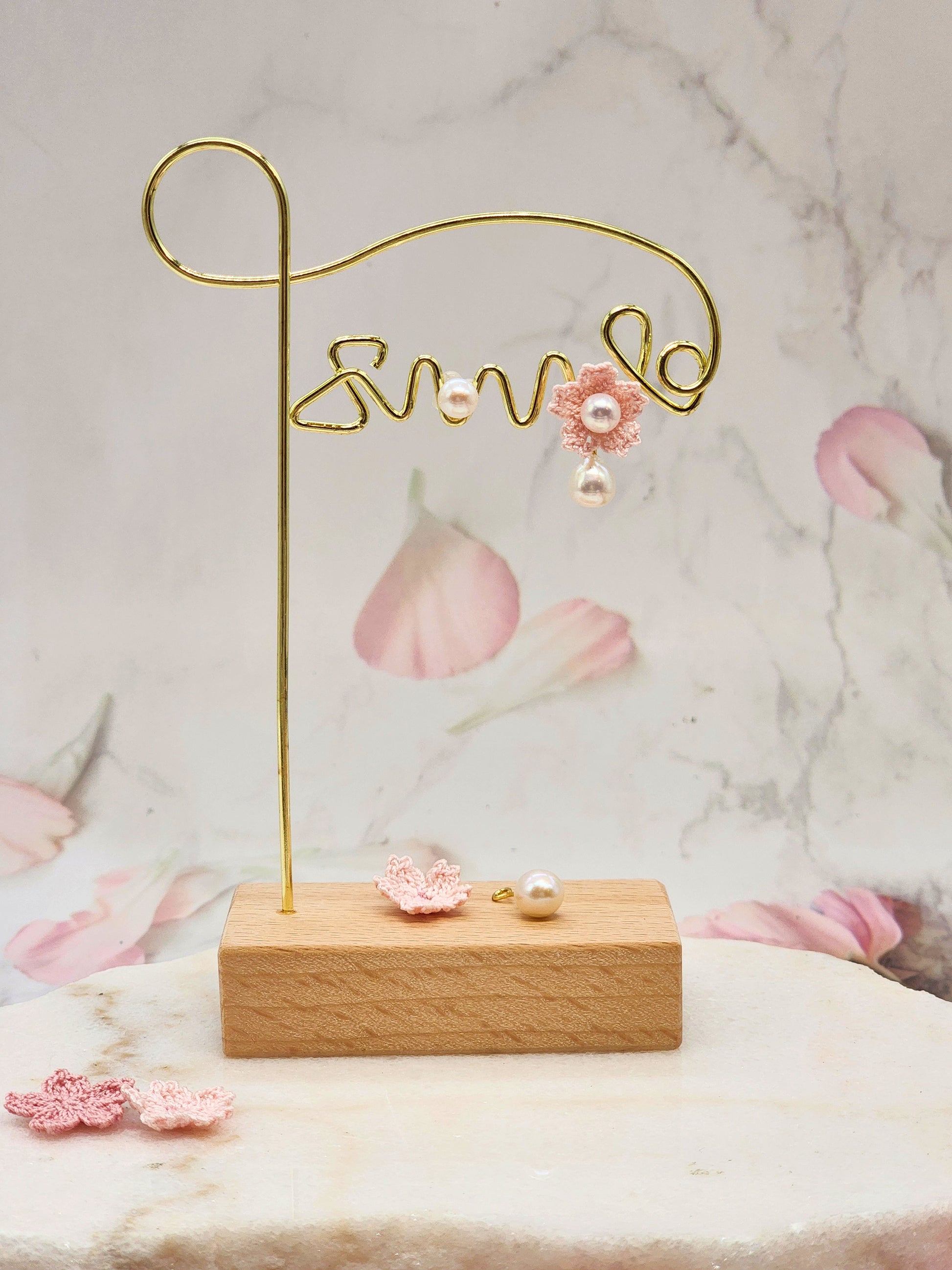 Micro crochet Sakura blossoms with Aurora & Akoya pearls. Versatile multi-wear earrings - one pair, four looks. 1st look - pearl studs standalone. 