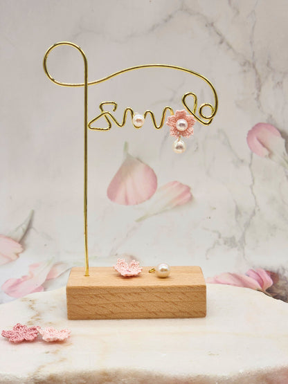 Micro crochet Sakura blossoms with Aurora & Akoya pearls. Versatile multi-wear earrings - one pair, four looks. 1st look - pearl studs standalone. 