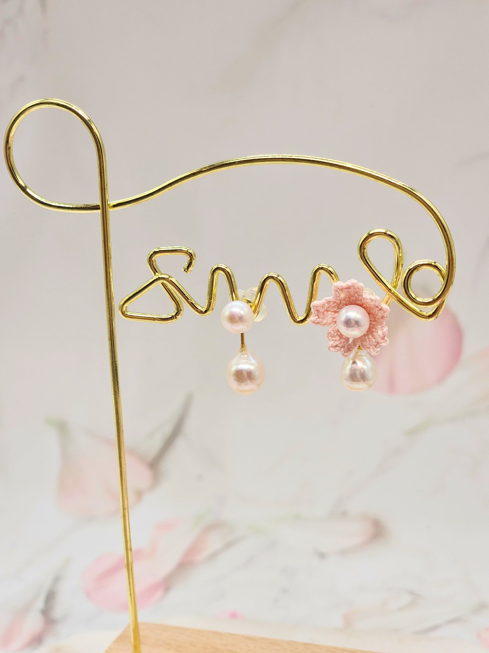Micro crochet Sakura blossoms with Aurora & Akoya pearls. Versatile multi-wear earrings - one pair, four looks. 2nd look - pearl stud & drop   earrings.