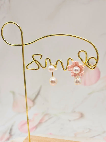 Micro crochet Sakura blossoms with Aurora & Akoya pearls. Versatile multi-wear earrings - one pair, four looks. 2nd look - pearl stud & drop   earrings.