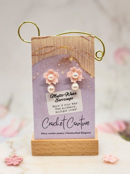 Micro crochet Sakura blossoms with Aurora & Akoya pearls. Versatile multi-wear earrings - one pair, four looks. 4th look - full earrings with micro-crochet Sakura and pearls.