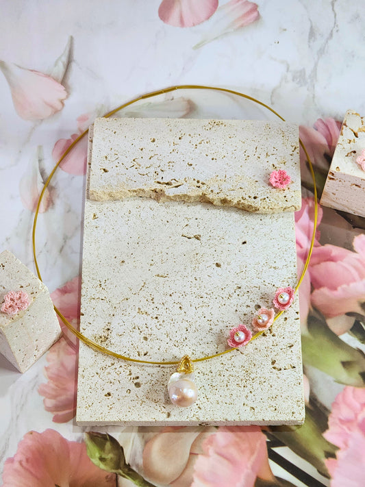 Natural Baroque pearl with handcrafted micro-crochet Sakuras with freshwater Akoya pearls on Japanese gold wire. 