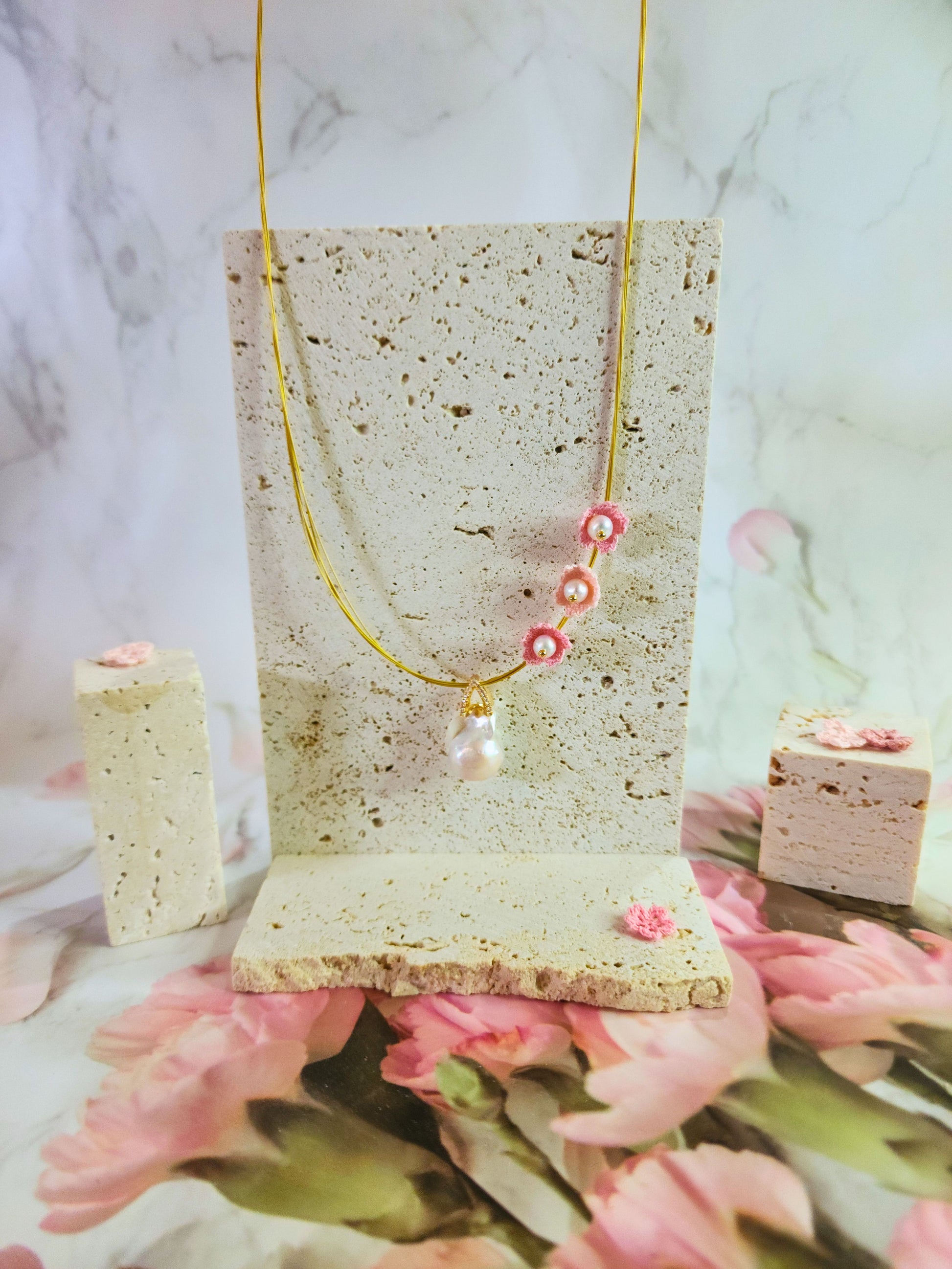 Natural Baroque pearl with handcrafted micro-crochet Sakuras with freshwater Akoya pearls on Japanese gold wire. 
