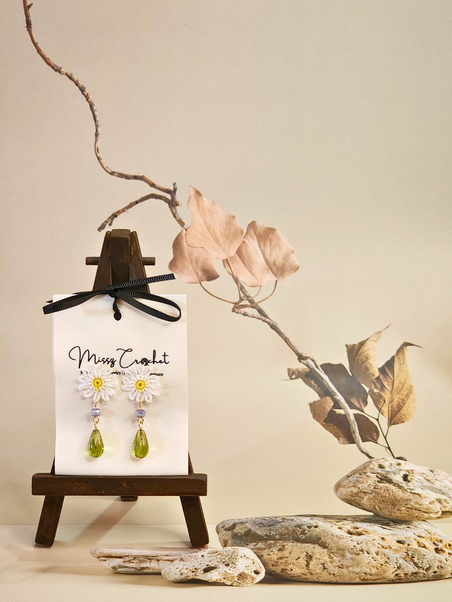 Handcrafted micro-crochet daisies paired with vintage Czech glass beads and styled with 18K gold-plated findings & studs 
