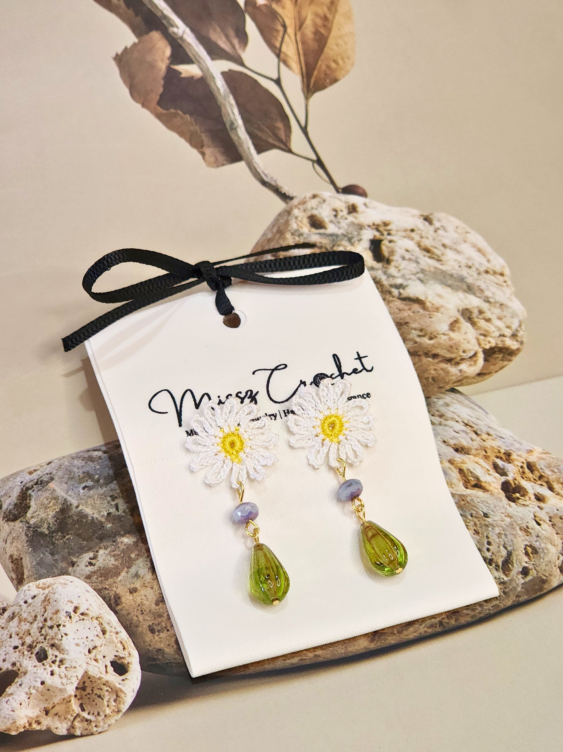 Handcrafted micro-crochet daisies paired with vintage Czech glass beads and styled with 18K gold-plated findings & studs
