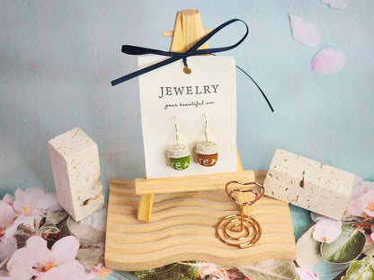 Unique artisan-crafted bubble and matcha tea micro-crochet earrings made with ultra-fine lace yarn and adorned with Swarovski crystals